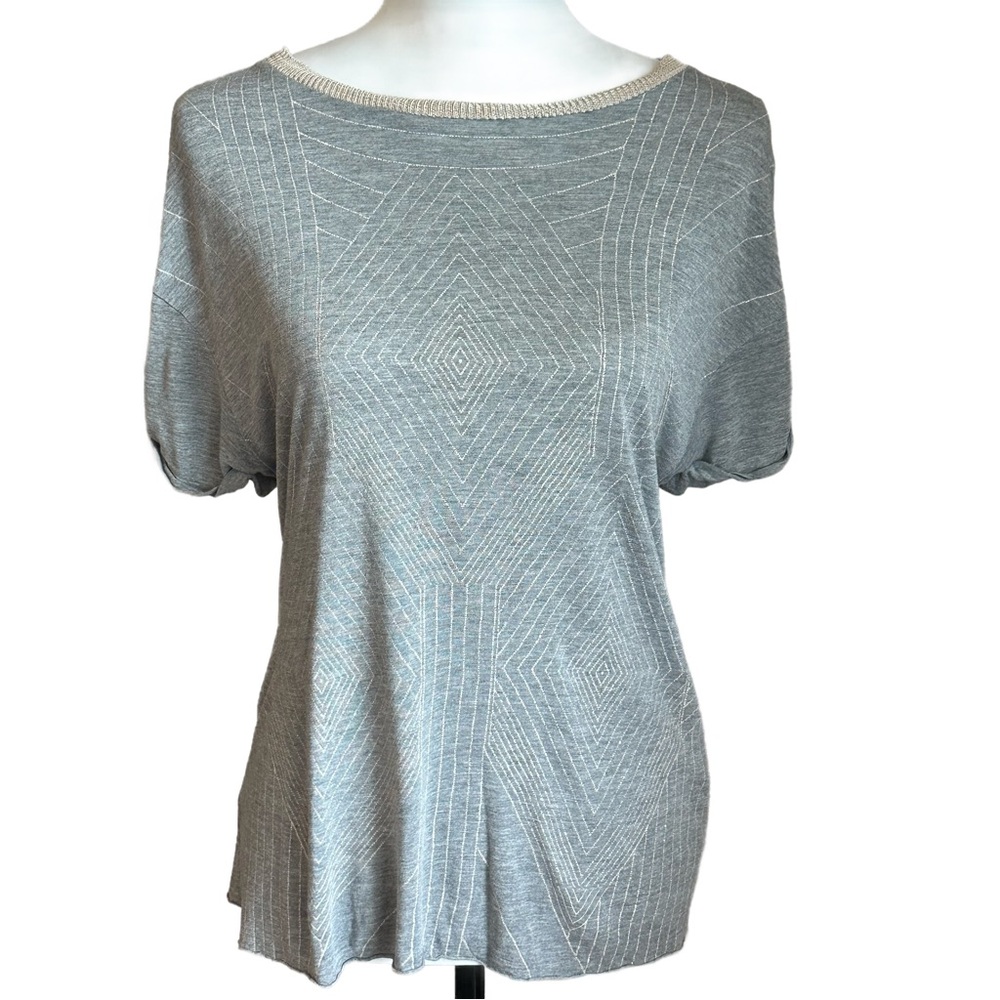 Zara Knit Top Women's Medium Grey Silver Geometric Boat Neck Short Sleeve Dolman